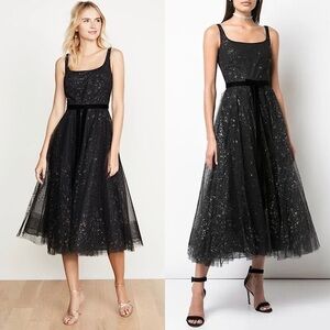 MARCHESA Glitter Metallic Star Tulle Sleeveless Fit Flare Bow Waist Midi Gown 0